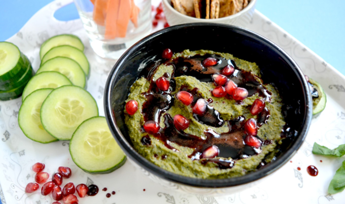 Pesto Hummus With Pomegranate Drizzle