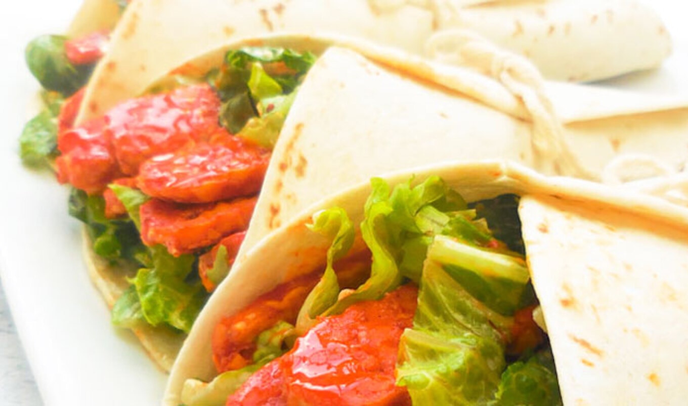Buffalo Tempeh Wraps with Vegan Bleu Cheese Dressing