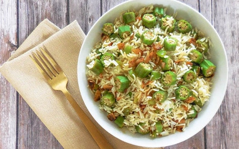 Okra Pilaf with Coconut Bacon