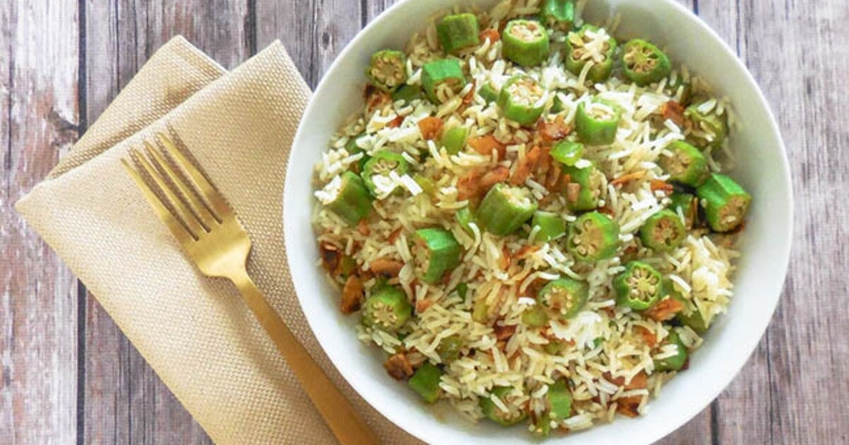 Quick and Easy Okra Pilaf With Coconut Bacon | VegNews