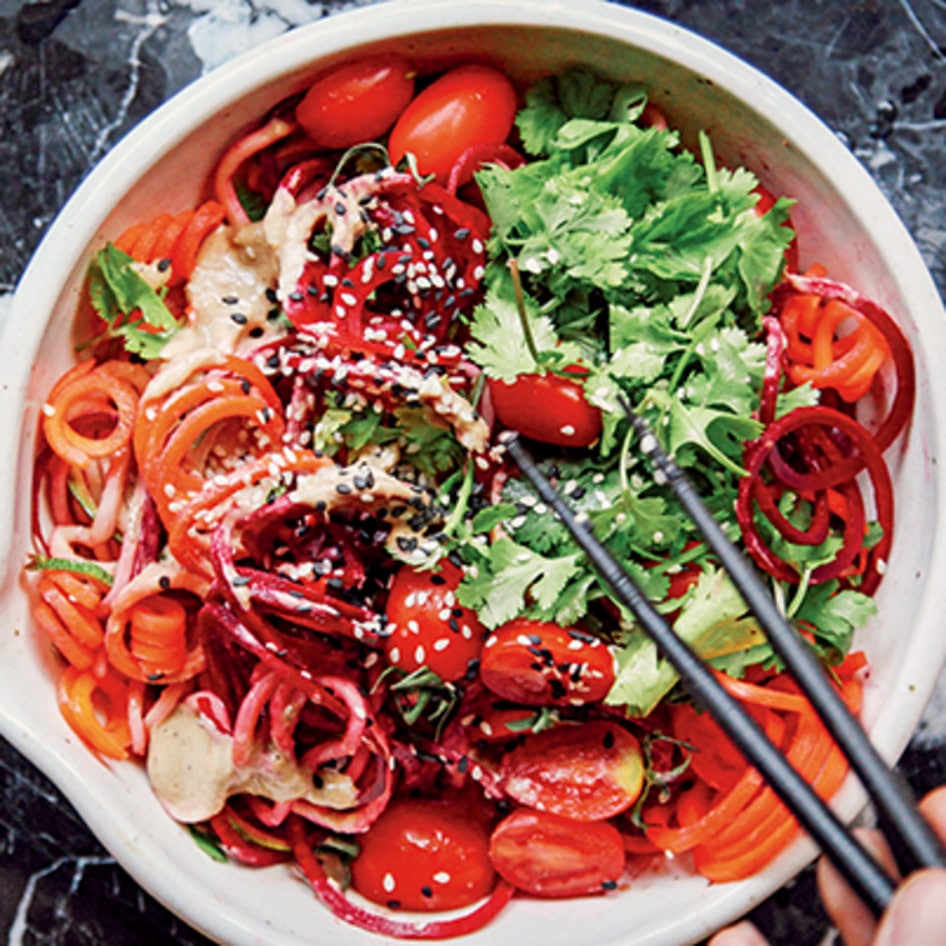 Raw Vegan Veggie Noodle Bowl With Ginger-Tamarind Sauce