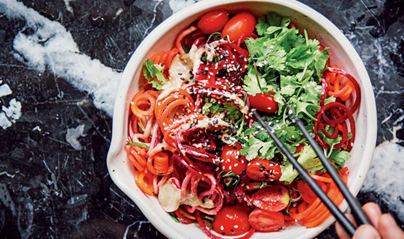 Raw Vegan Veggie Noodle Bowl With Ginger-Tamarind Sauce