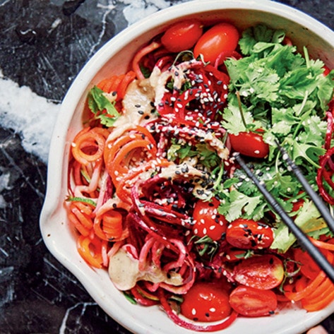 Raw Vegan Veggie Noodle Bowl With Ginger-Tamarind Sauce