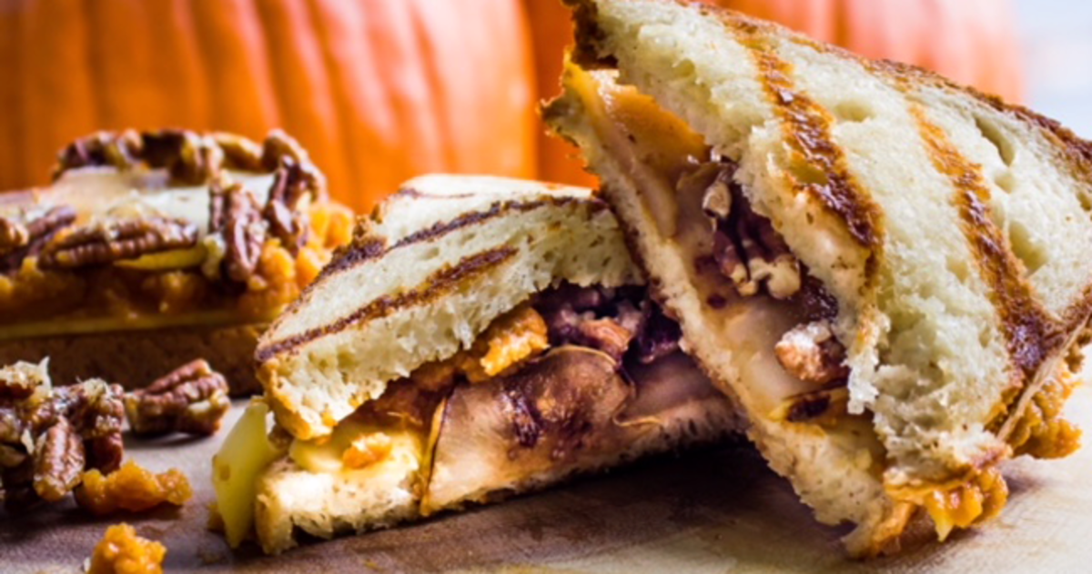 Vegan Grilled Cheese With Pumpkin, Pear, and Candied Pecans | VegNews
