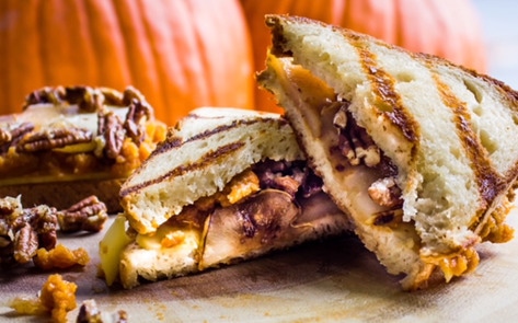 Vegan Grilled Cheese With Pumpkin, Pear, &amp; Candied Pecans