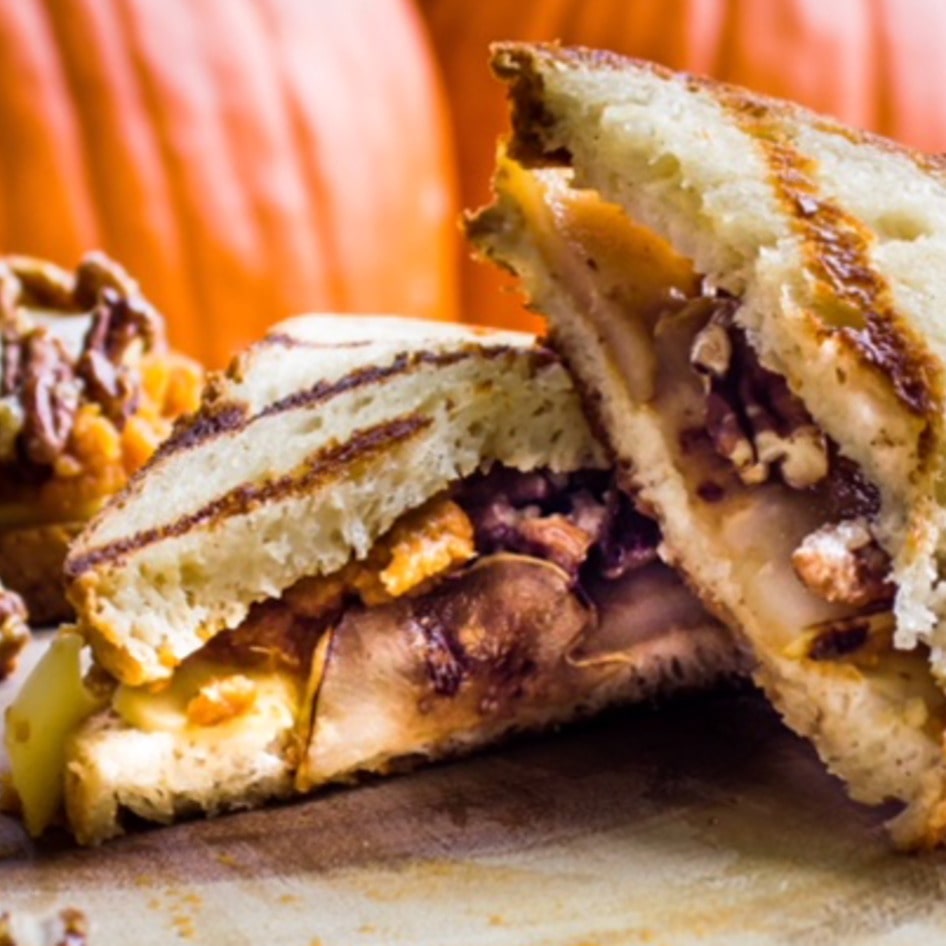 Vegan Grilled Cheese With Pumpkin, Pear, and Candied Pecans