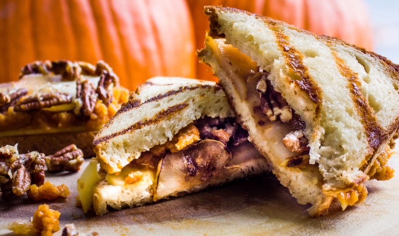 Vegan Grilled Cheese With Pumpkin, Pear, &amp; Candied Pecans