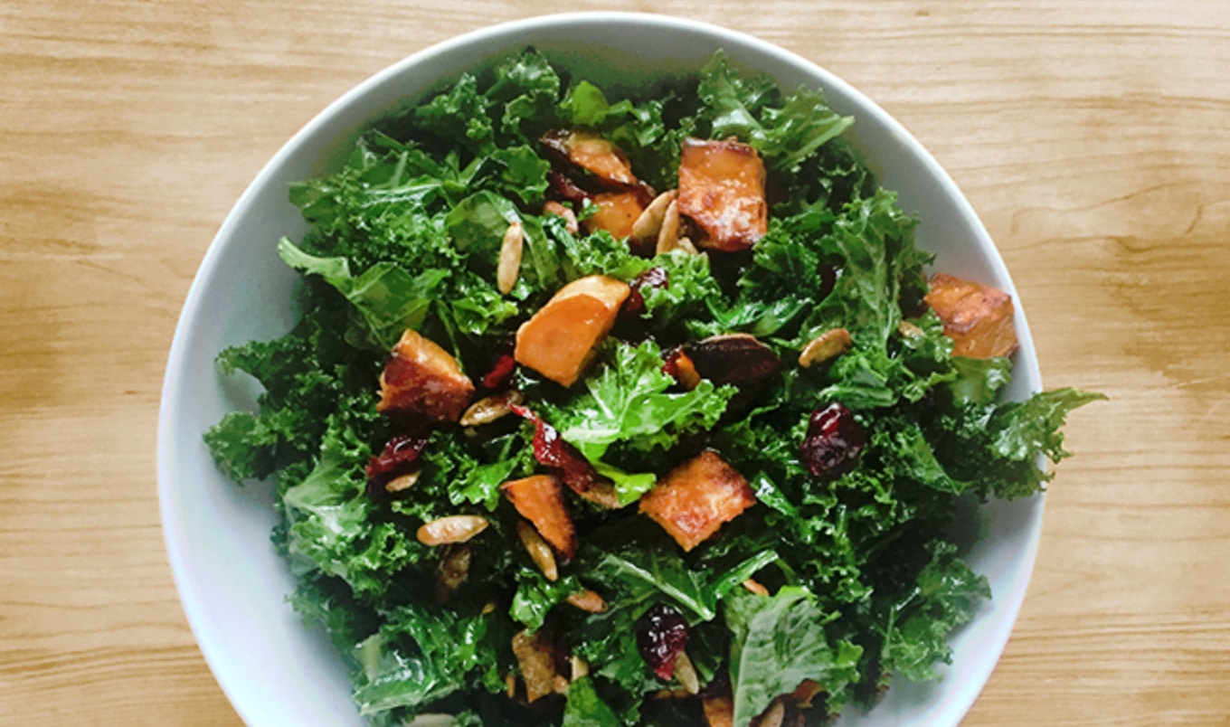 Vegan Warm Kale Salad with Roasted Sweet Potato