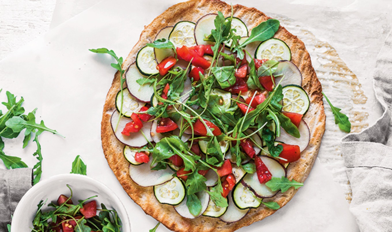 Roasted Potato Zucchini Pizza Topped With Arugula