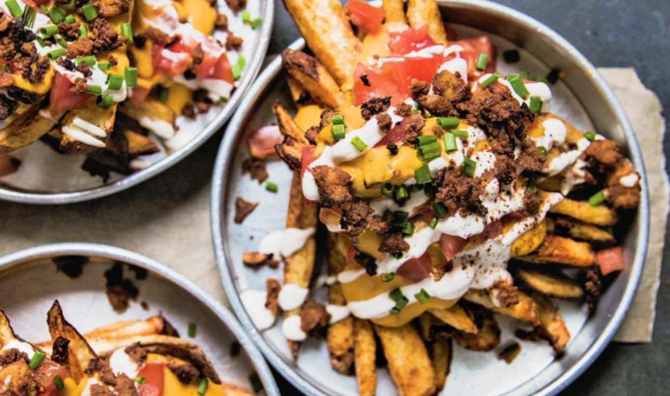 Supreme Vegan Nacho Fries With Tofu Bacon Crumbles