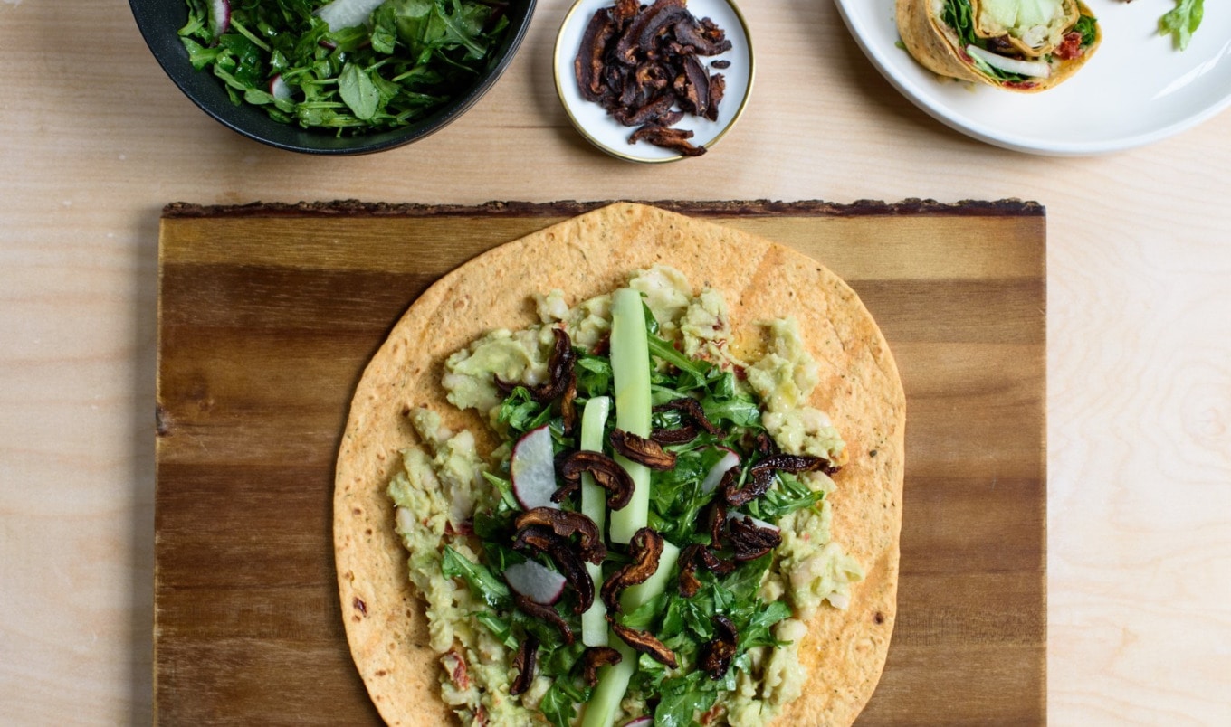 Vegan Avocado, White Bean, & Arugula Wraps with Crispy Shiitake Mushrooms