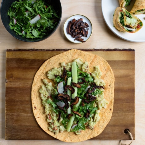 Vegan Avocado, White Bean, and Arugula Wraps With Crispy Shiitake Mushrooms