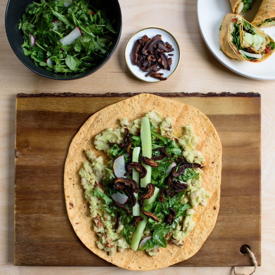 Avocado, White Bean, and Arugula Wraps With Crispy Shiitake Mushrooms