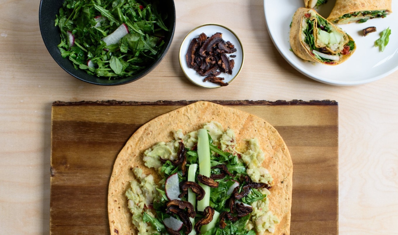 Avocado, White Bean, and Arugula Wraps With Crispy Shiitake Mushrooms
