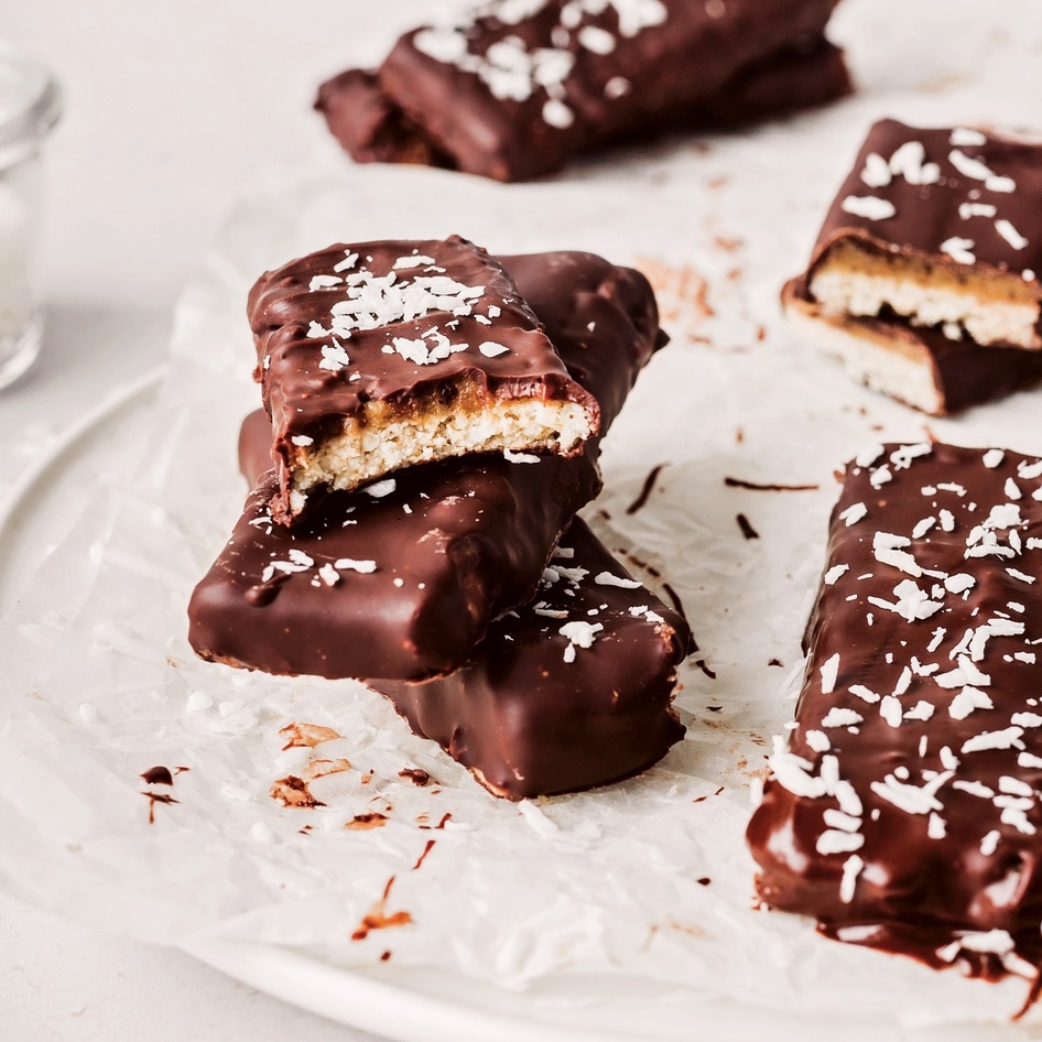 Vegan Chocolate-Dipped Coconut Caramel Cookie Bars 