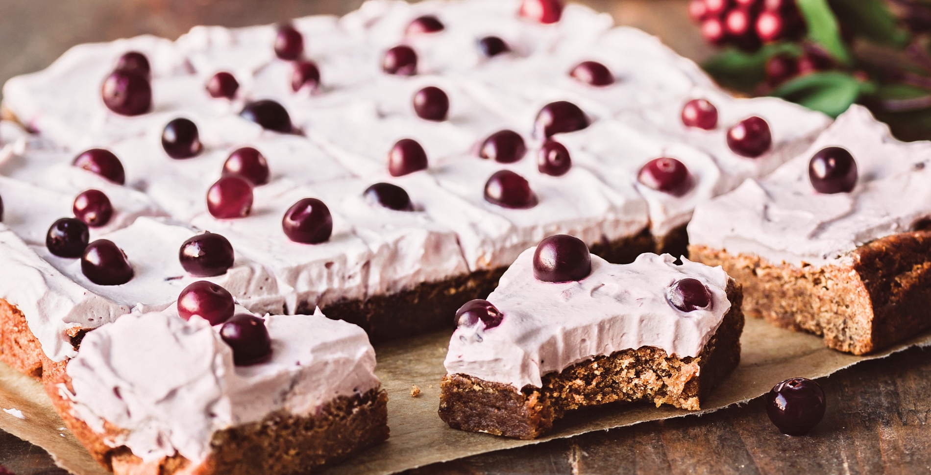 Vegan Gingerbread Fudge Bars With Cranberry-Cream Cheese Frosting