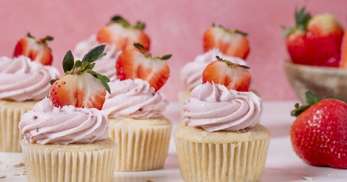 Vegan Buttermilk Oat Cupcakes With Strawberry Buttercream Frosting | VegNews