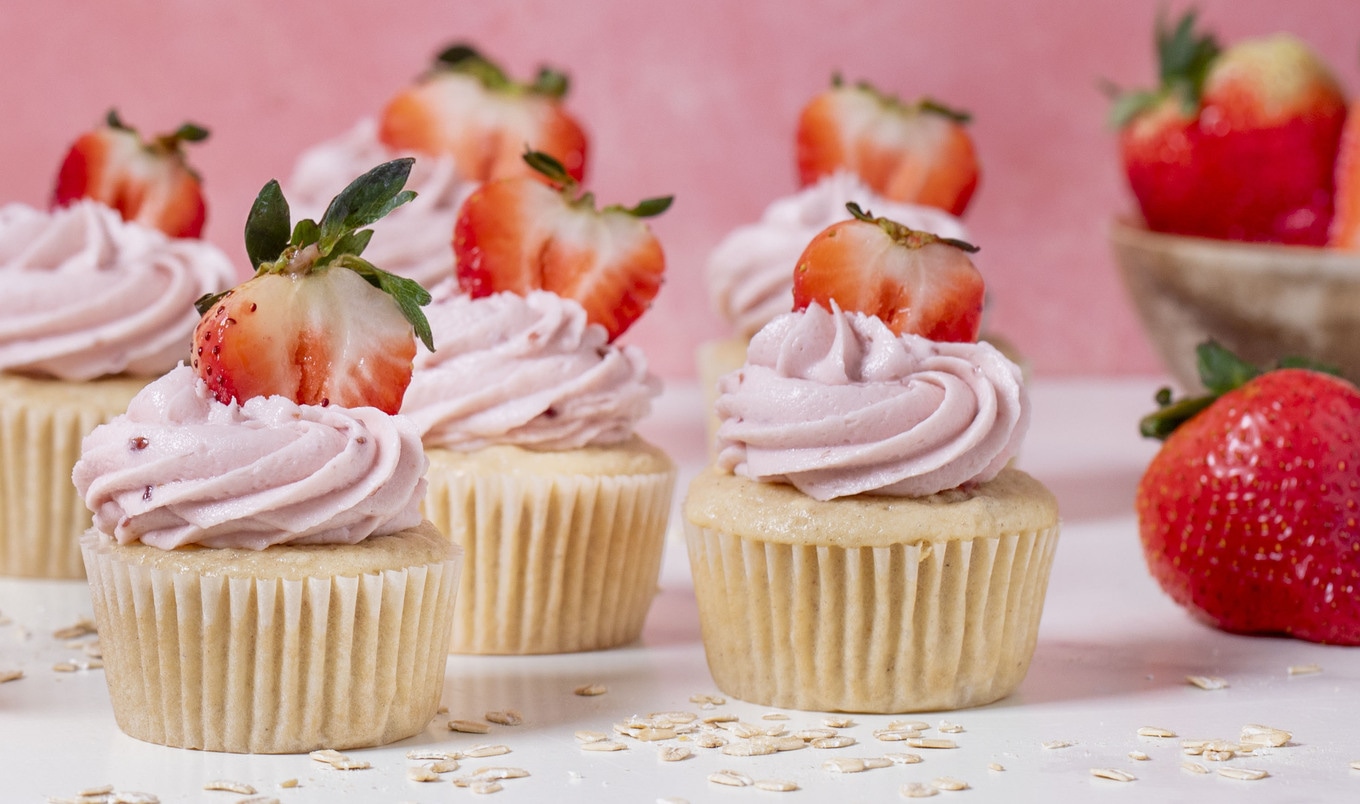Vegan Buttermilk Oat Cupcakes With Strawberry Buttercream Frosting
