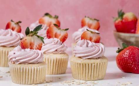 Vegan Buttermilk Oat Cupcakes with Strawberry Buttercream Frosting