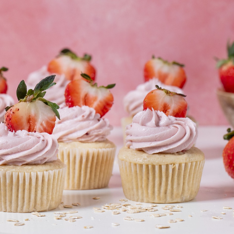 Vegan Buttermilk Oat Cupcakes With Strawberry Buttercream Frosting