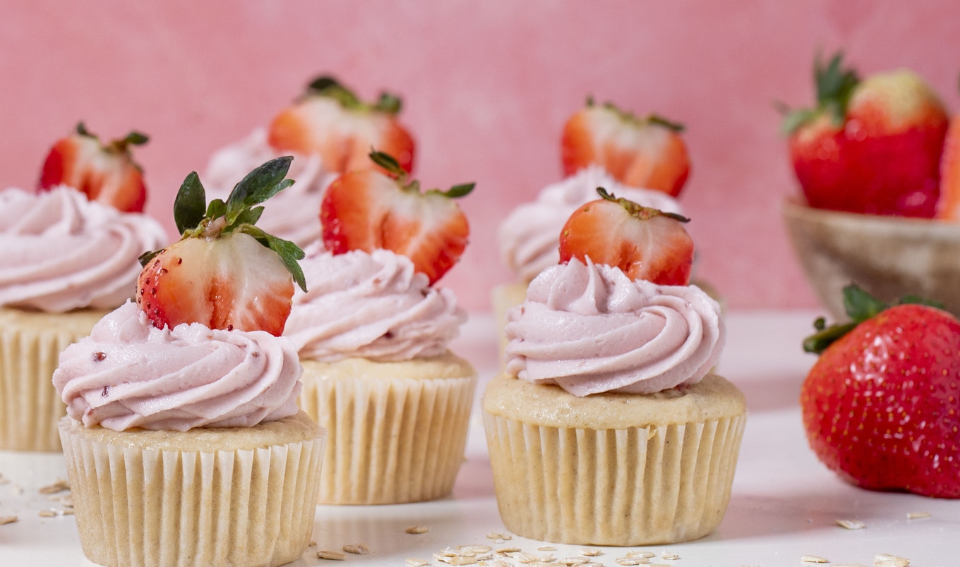 Vegan Buttermilk Oat Cupcakes With Strawberry Buttercream Frosting