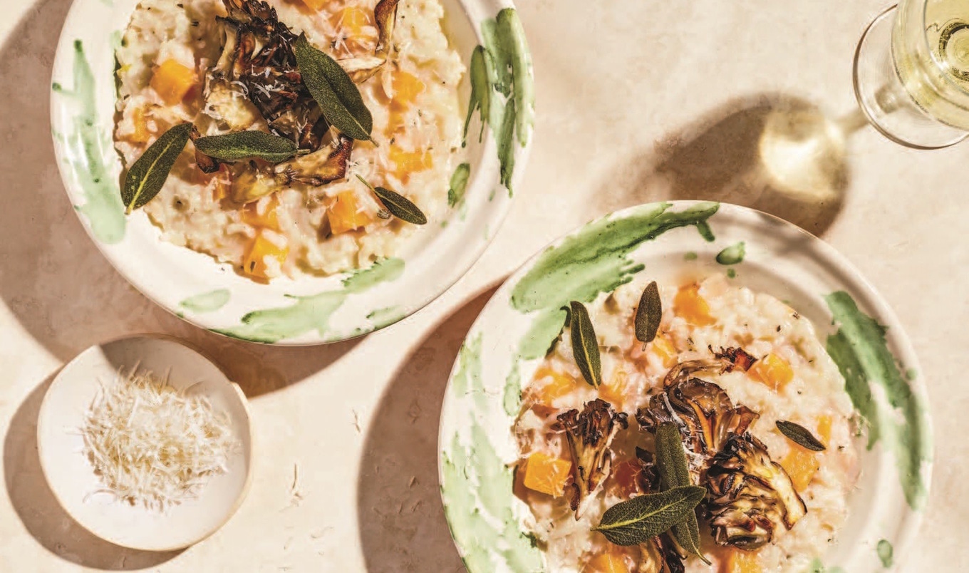 Vegan Cashew Cream Autumn Risotto With Crispy Maitakes