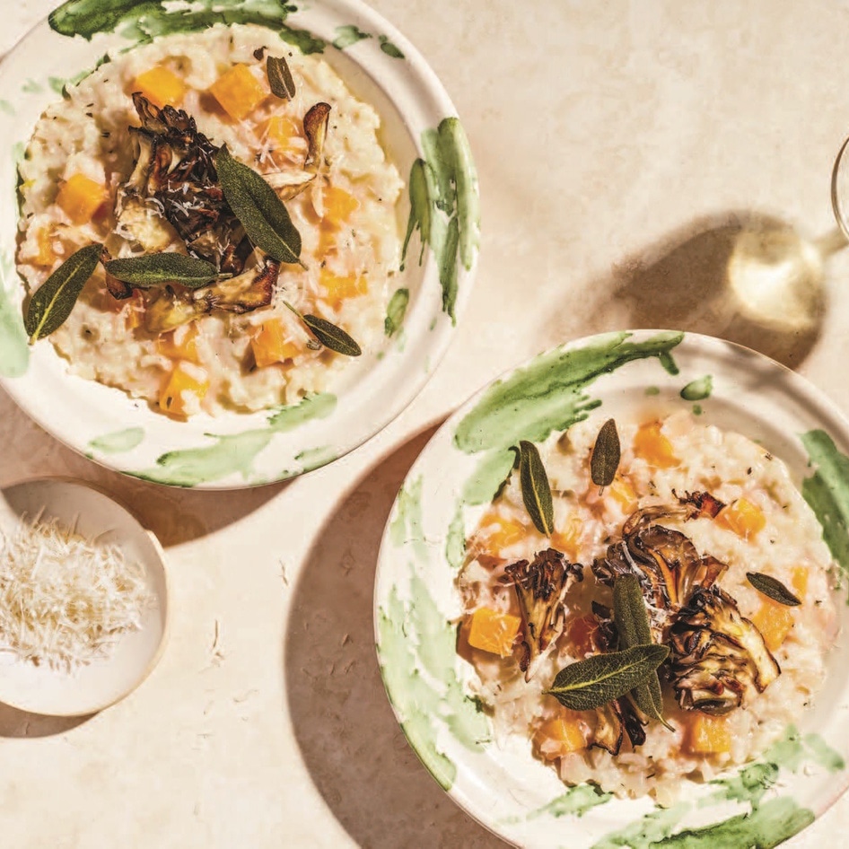 Vegan Cashew Cream Autumn Risotto With Crispy Maitakes