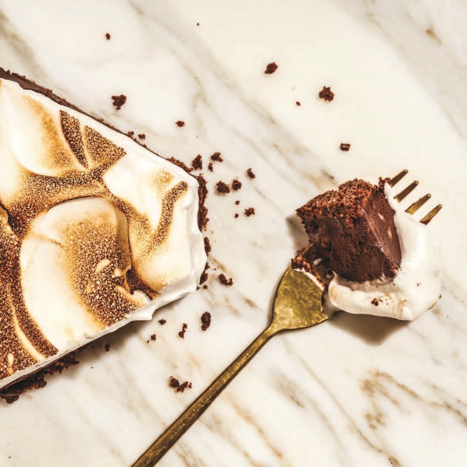 Vegan Chocolate Pecan Cheesecake With Toasted Meringue and Fudge Sauce