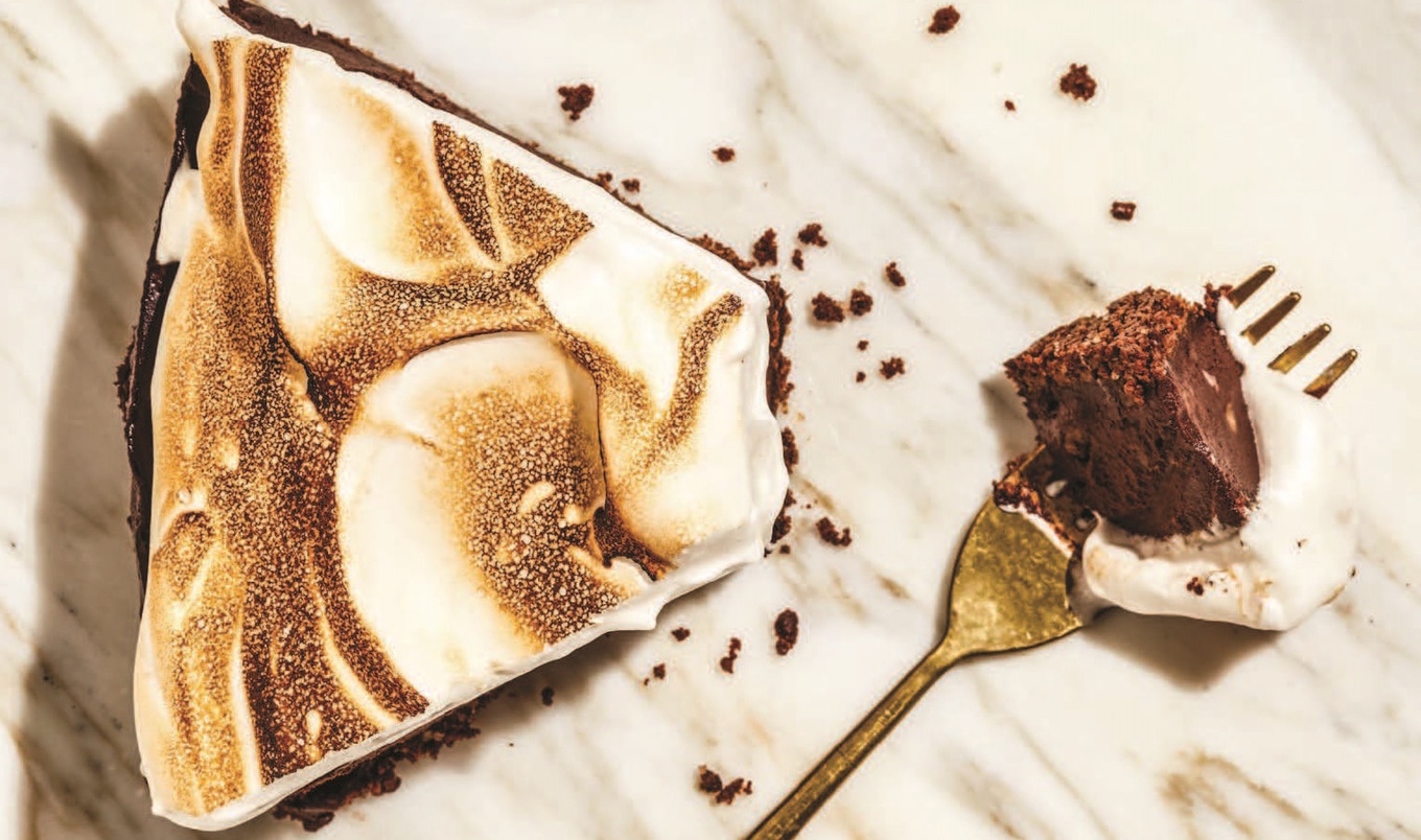 Vegan Chocolate Pecan Cheesecake With Toasted Meringue & Fudge Sauce