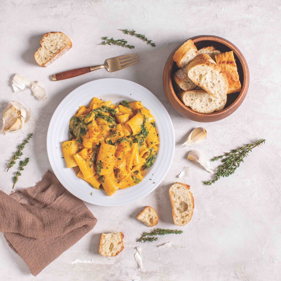 Vegan Cajun Coconut Sweet Potato Rigatoni With Kale