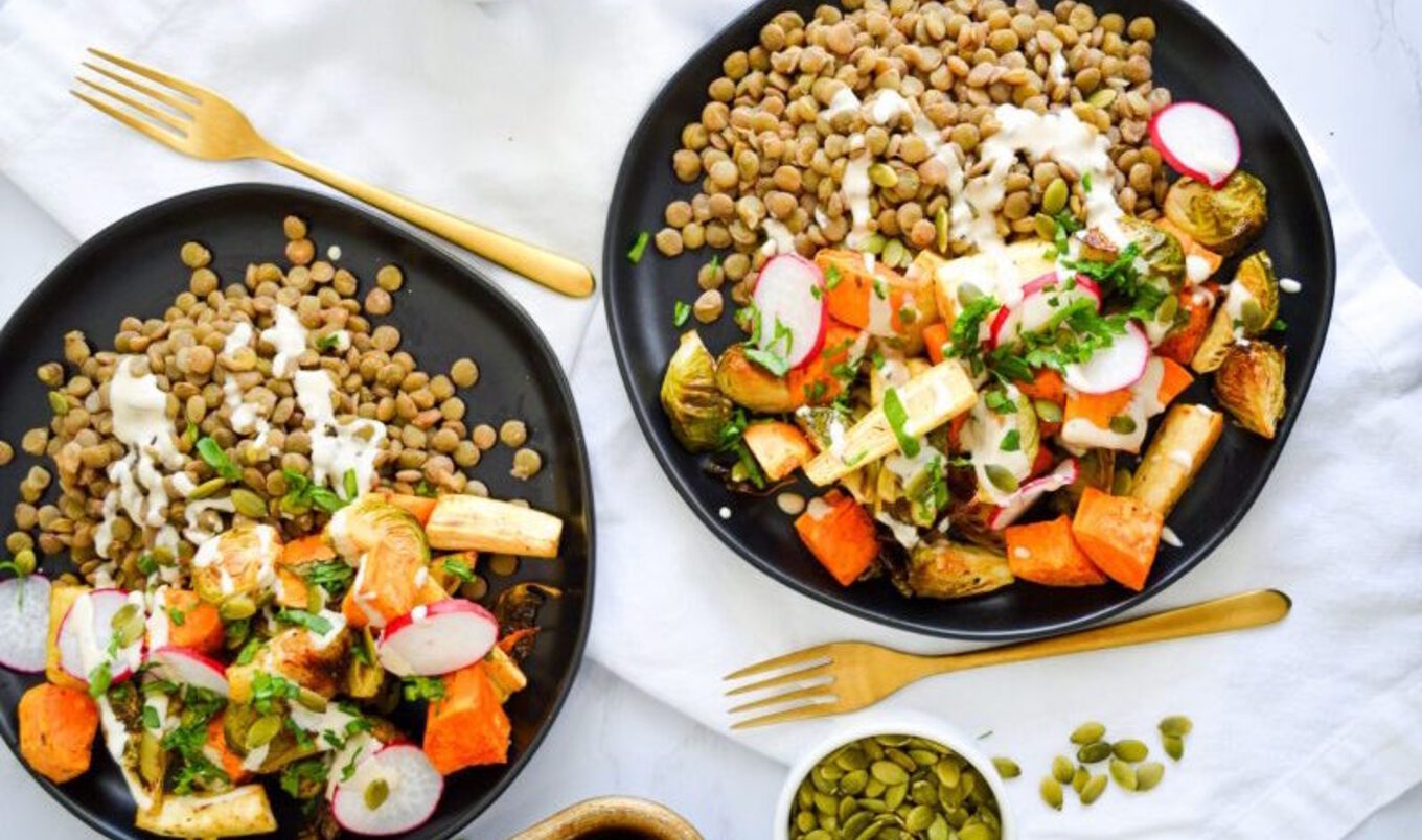 Vegan Herb Roasted Autumn Harvest Bowls with Creamy Tahini Dressing