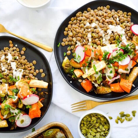 Vegan Herb Roasted Autumn Harvest Bowls with Creamy Tahini Dressing