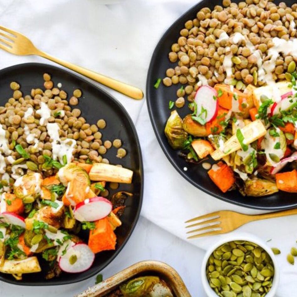 Herb-Roasted Harvest Bowl With Creamy Tahini Dressing