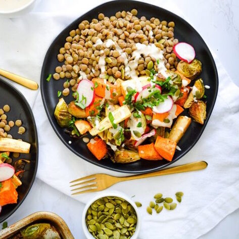 Vegan Herb Roasted Autumn Harvest Bowls With Creamy Tahini Dressing