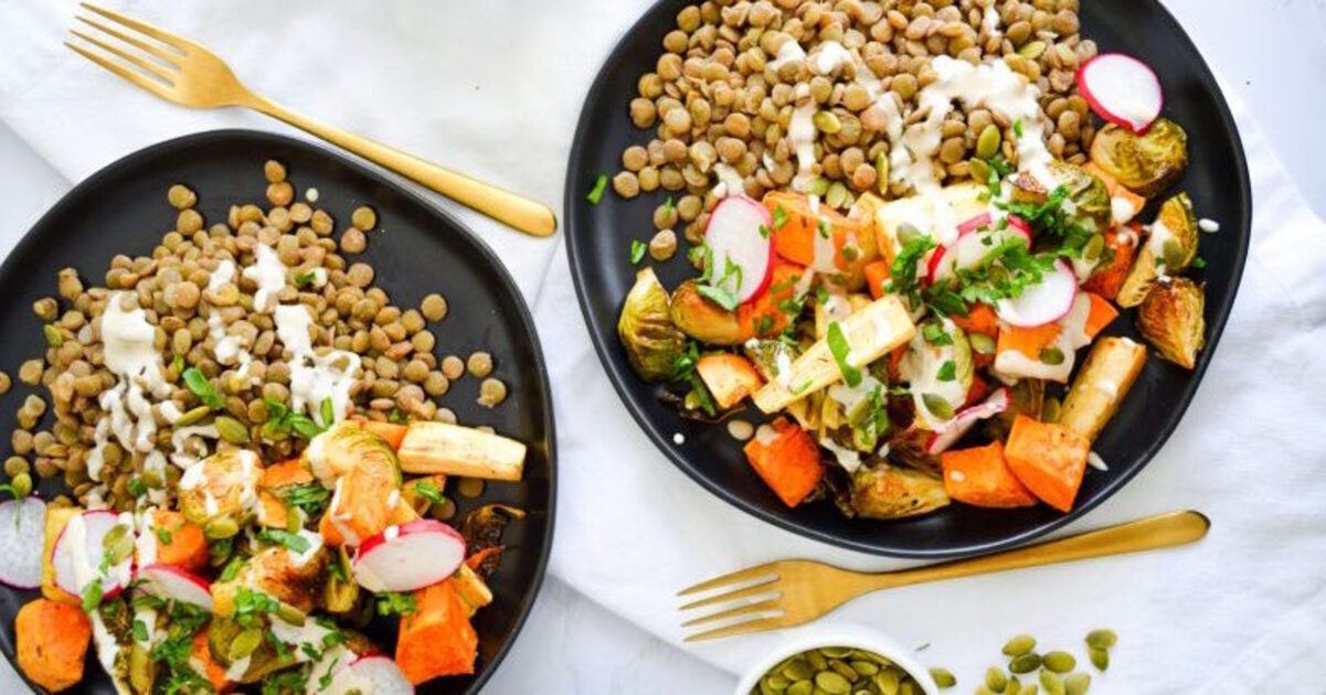 Herb-Roasted Harvest Bowls With Creamy Tahini Dressing
