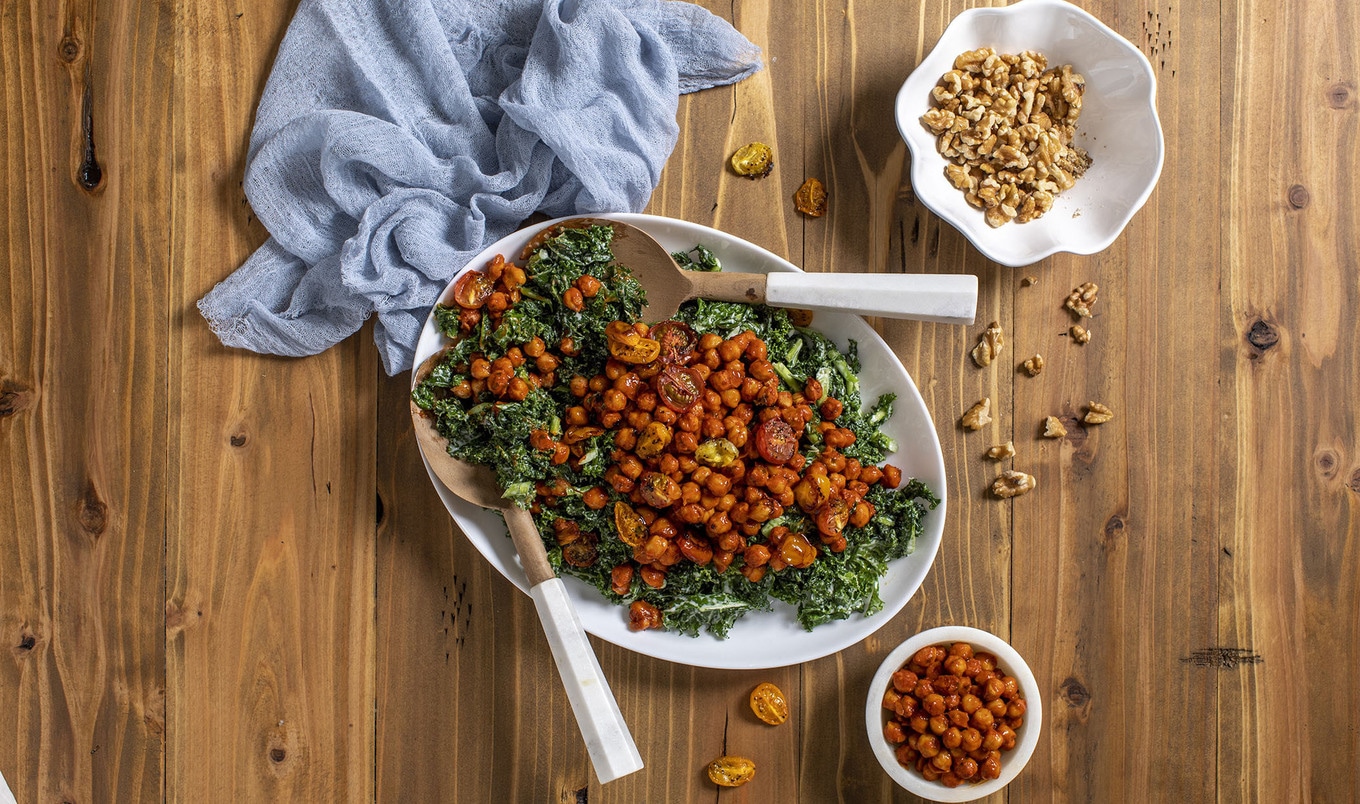 Vegan Buffalo Roasted Chickpea Kale Salad