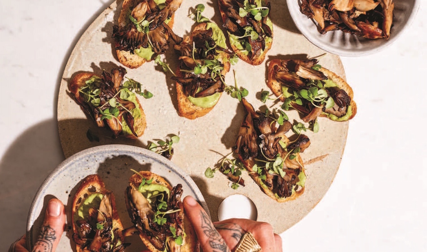 Crispy Herb-Roasted Maitake Crostini With Walnut Pesto Aioli