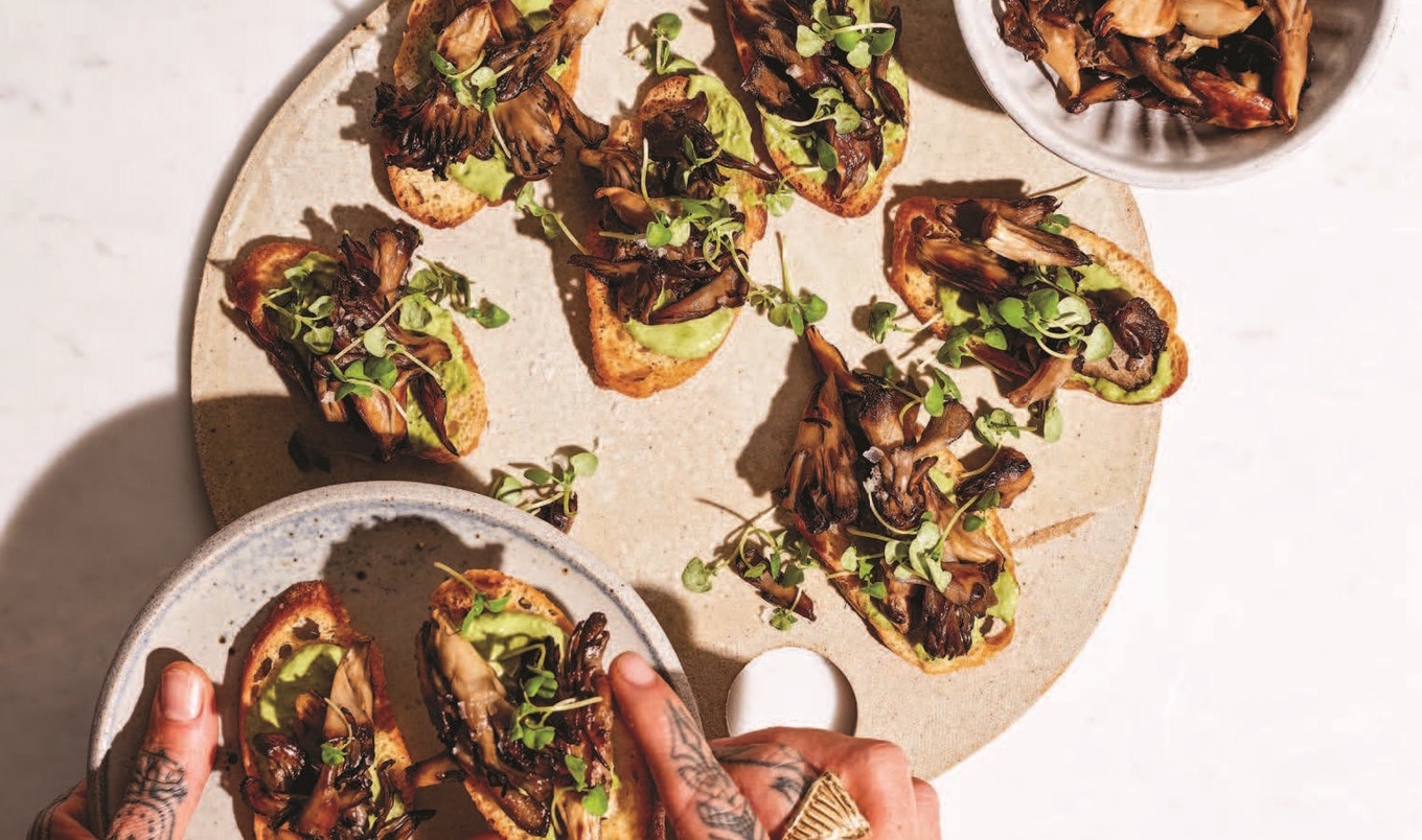 Crispy Herb-Roasted Maitake Vegan Crostini With Walnut Pesto Aioli