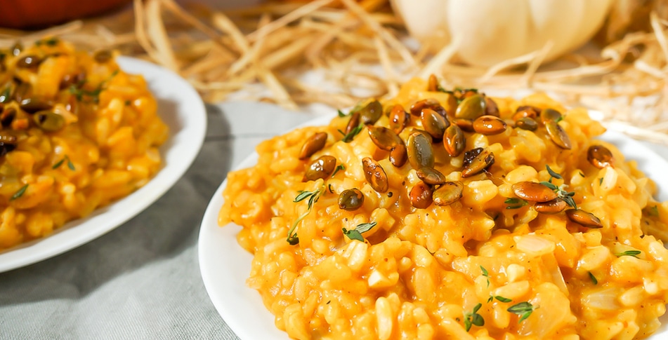 Vegan Creamy Pumpkin Risotto With Sweet and Spicy Roasted Pepitas