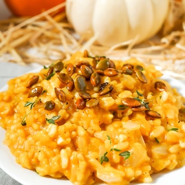 Vegan Creamy Pumpkin Risotto With Sweet and Spicy Roasted Pepitas