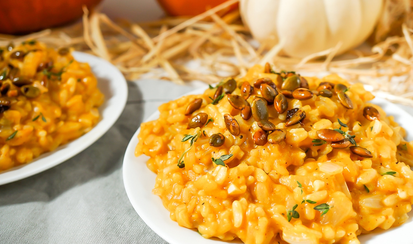 Vegan Creamy Pumpkin Risotto With Sweet &amp; Spicy Roasted Pepitas