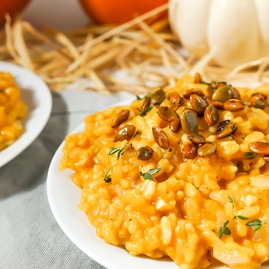 Vegan Creamy Pumpkin Risotto with Sweet &amp; Spicy Roasted Pepitas