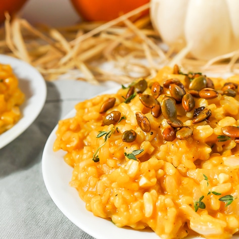 Vegan Creamy Pumpkin Risotto with Sweet & Spicy Roasted Pepitas