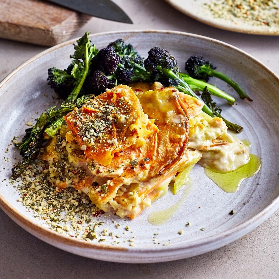 Vegan Sweet Potato and Chili Dauphinoise With Spicy Pumpkin Seasoning 