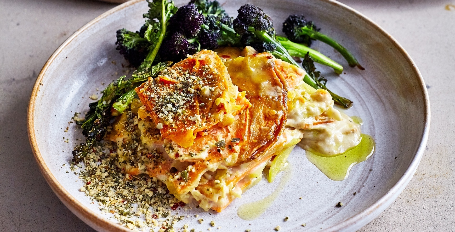 Vegan Sweet Potato and Chili Dauphinoise With Spicy Pumpkin Seasoning 