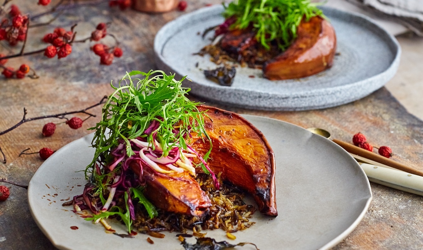 Vegan Roasted Sweet Basil Squash With Wild Rice and Mustard Greens Salad