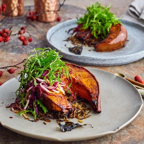 Vegan Roasted Sweet Basil Squash With Wild Rice and Mustard Greens Salad