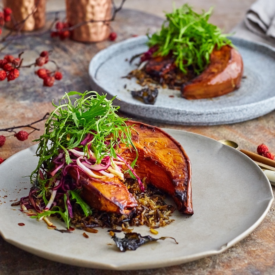 Vegan Roasted Sweet Basil Squash With Wild Rice and Mustard Greens Salad