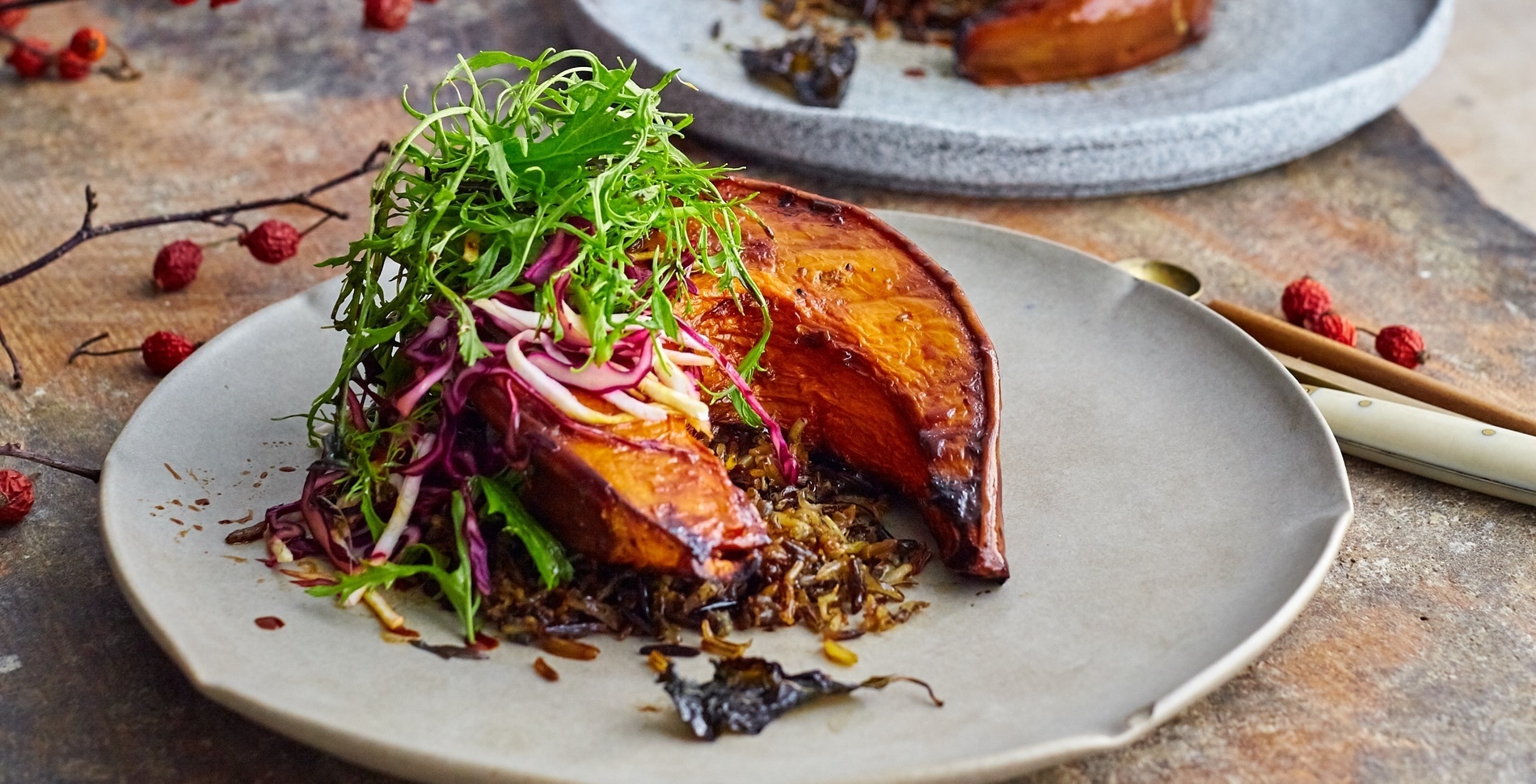 Roasted Sweet Basil Squash With Wild Rice and Mustard Greens Salad