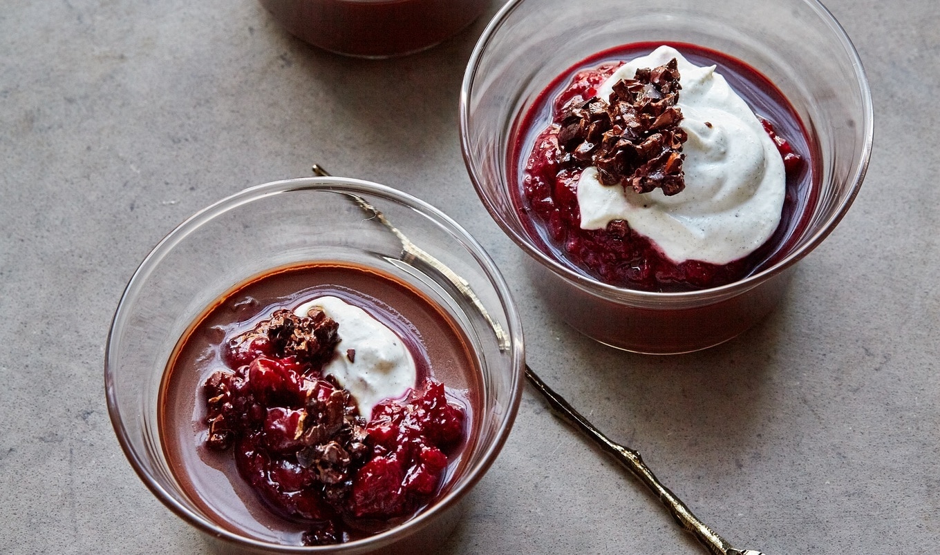 Chocolate Coconut Mousse With Candied Cacao Nibs and Cherry Compote